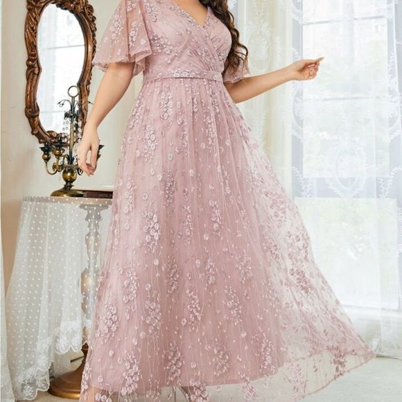 Plus Floral Embroidered Flutter Sleeve Overlap Collar Mesh Bridesmaid Dress nwt - Picture 3 of 6